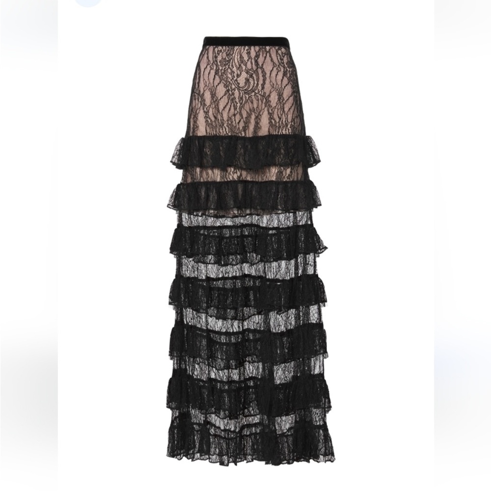 Alexis Vicky Tiered Black Lace Maxi Skirt Size Small Blush Pink Lining